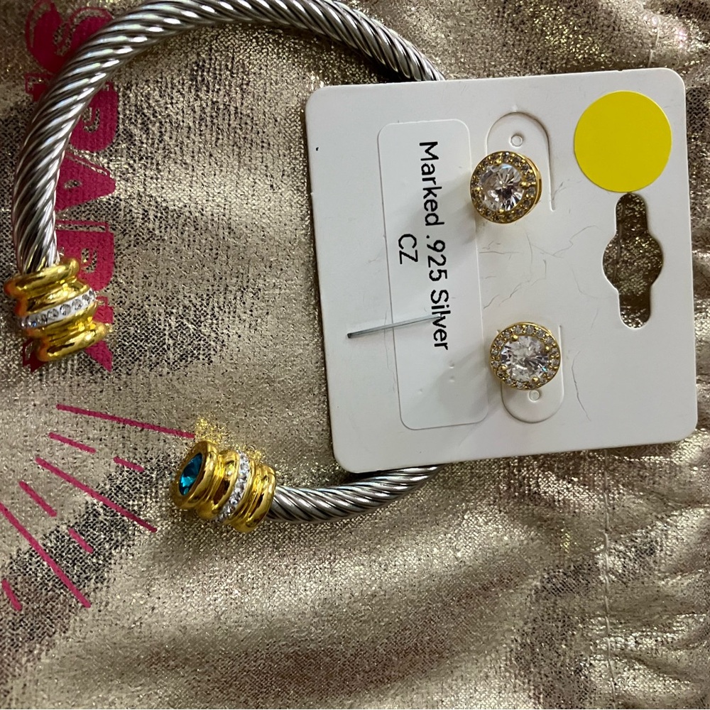 Silver and Gold Bracelet with Crystal Earrings